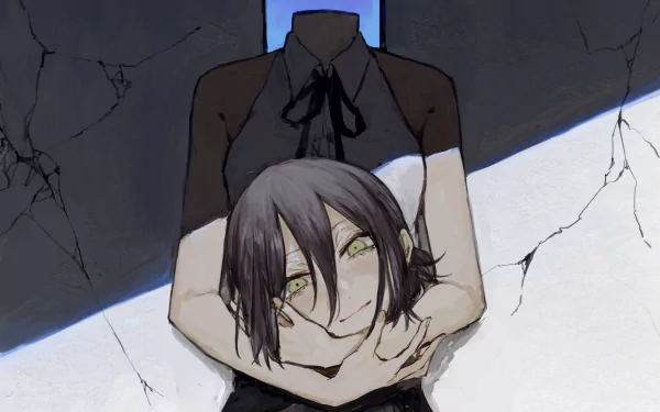 Reze (Chainsaw Man) with a haunting smile as a headless figure's arms cradle her neck over cracked floor — anime 2K Quad HD PC desktop wallpaper/background.