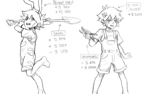 HD PC desktop wallpaper sketch of Basil (OMORI) from the video game, wearing bunny ears and overalls, barefoot and tearful, holding a shovel; stat notes and feet visible.