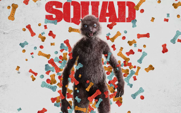 4K Ultra HD PC wallpaper featuring Weasel from DC Comics' movie The Suicide Squad, surrounded by colorful dog bones with a bold red Squad text in the background.