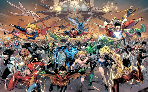 HD PC desktop wallpaper: comic-style Justice League charging forward — Superman, Wonder Woman, Batman, Green Lantern and many heroes in a dynamic, lightning-filled battle scene.