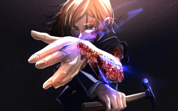 HD desktop wallpaper featuring Nobara Kugisaki from the anime Jujutsu Kaisen. She is depicted with her hand outstretched, wielding a hammer, and showcasing her combat prowess.