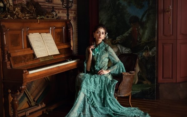 Women Model Brunette Piano Green Dress HD Wallpaper | Background Image