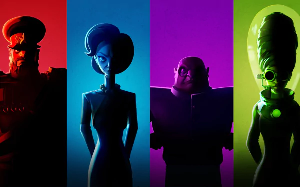 HD desktop wallpaper of Evil Genius 2: World Domination featuring silhouettes of four characters against a vibrant, multicolored background.