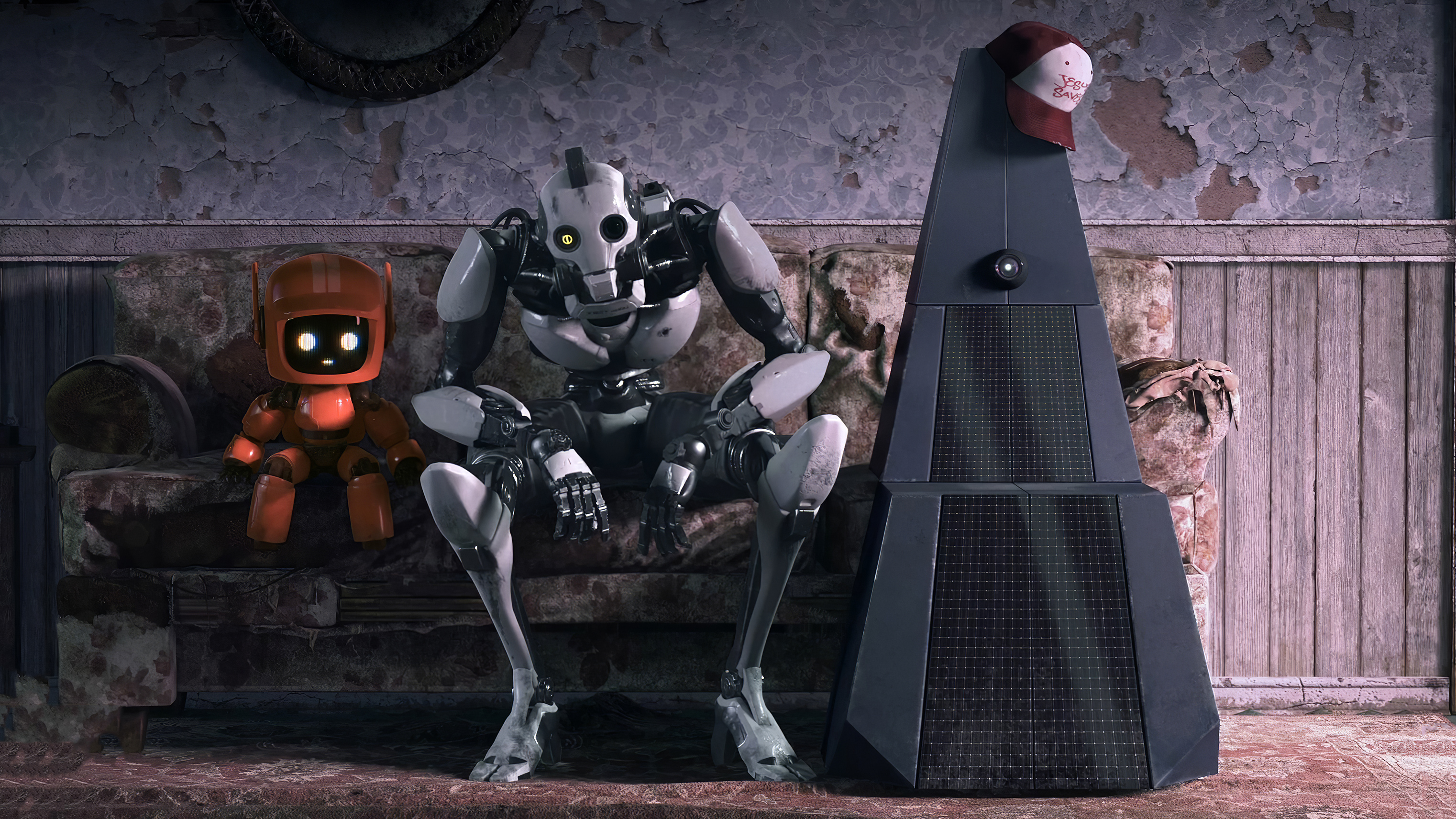 HD wallpaper featuring characters XBOT 4000 and K-VRC from Love, Death & Robots animated series, posed in a dimly lit room with rustic decor.