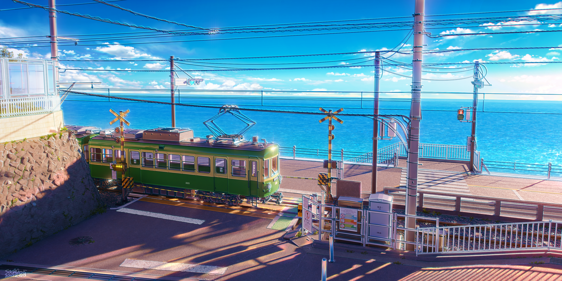 Anime-style HD desktop wallpaper featuring a green train traveling along a coastal railway with a vibrant ocean and sky backdrop.
