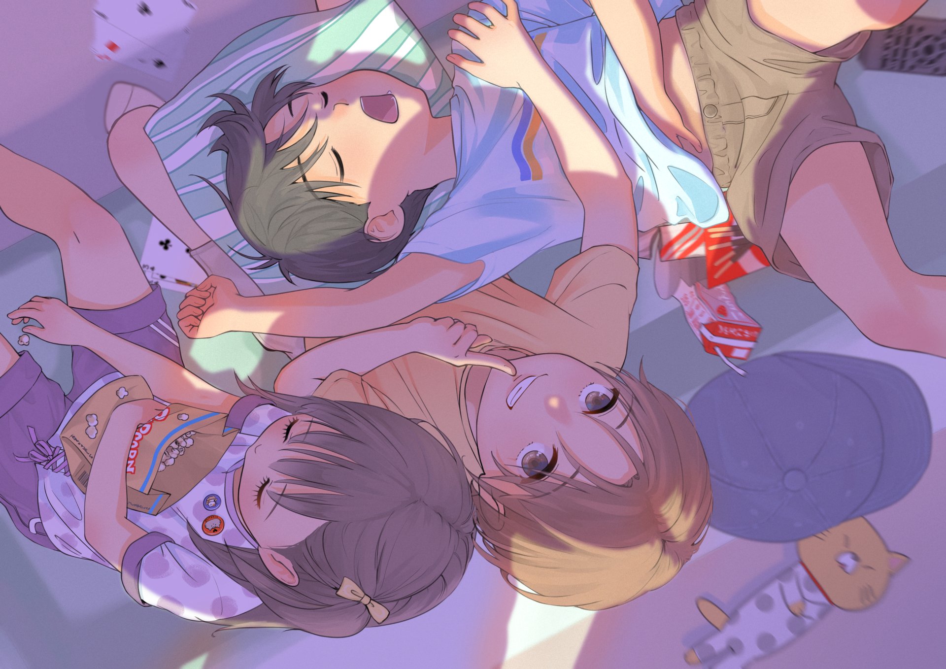 Anime-style image of three friends peacefully sleeping together, captured in vibrant 4K Ultra HD detail for a PC desktop wallpaper background.