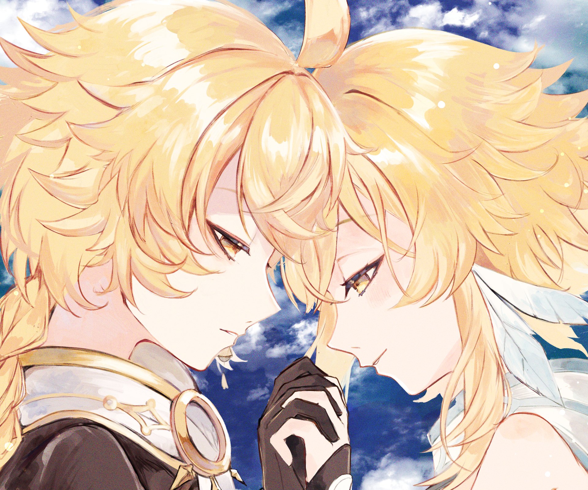 HD PC wallpaper featuring close-up of Lumine and Aether from Genshin Impact with blonde hair and yellow eyes against a bright sky background.