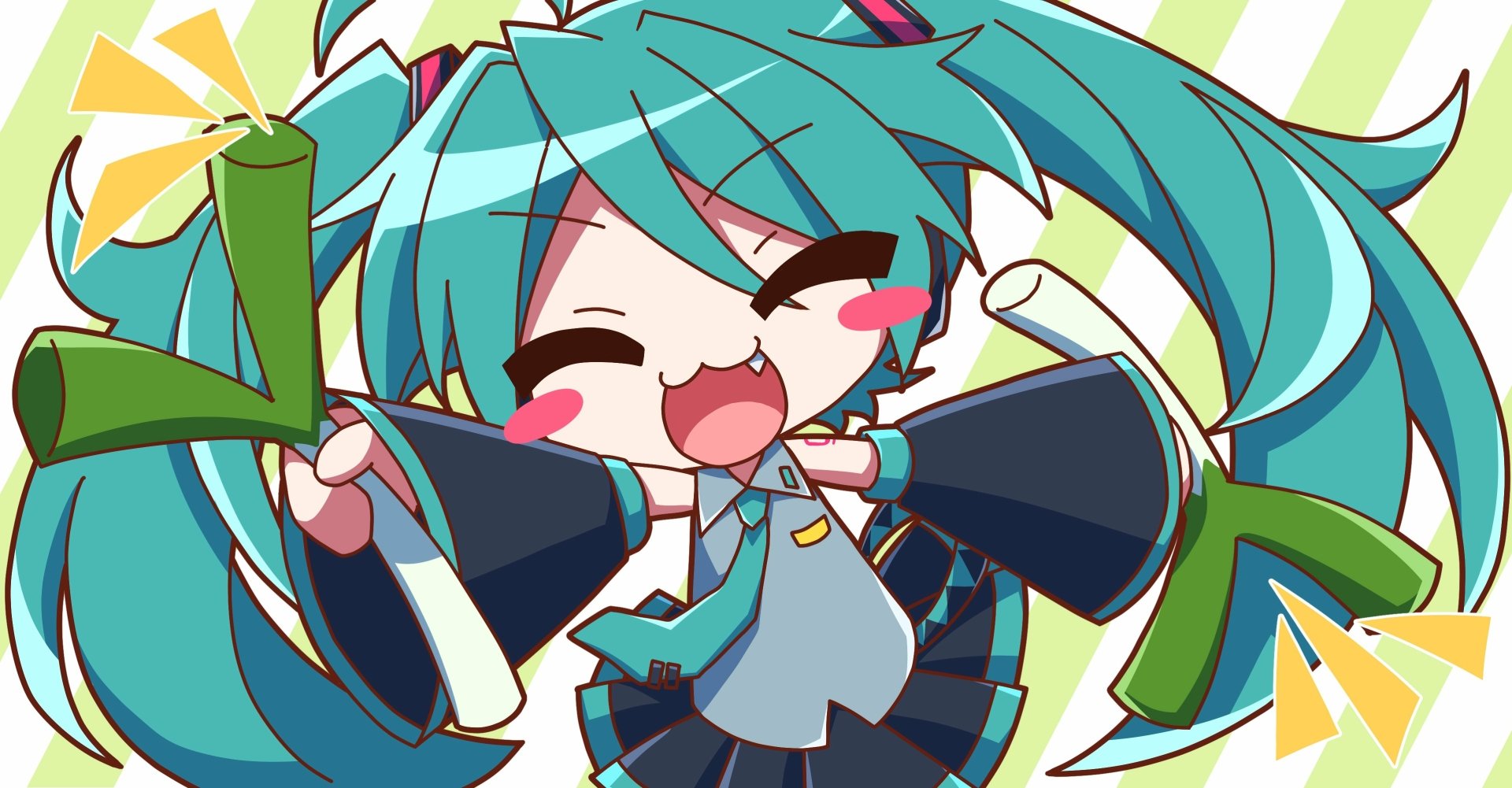 Chibi Hatsune Miku (Vocaloid) cheering with turquoise twin tails and green leeks, bright playful anime art; 2K Quad HD PC Desktop Wallpaper and Background.