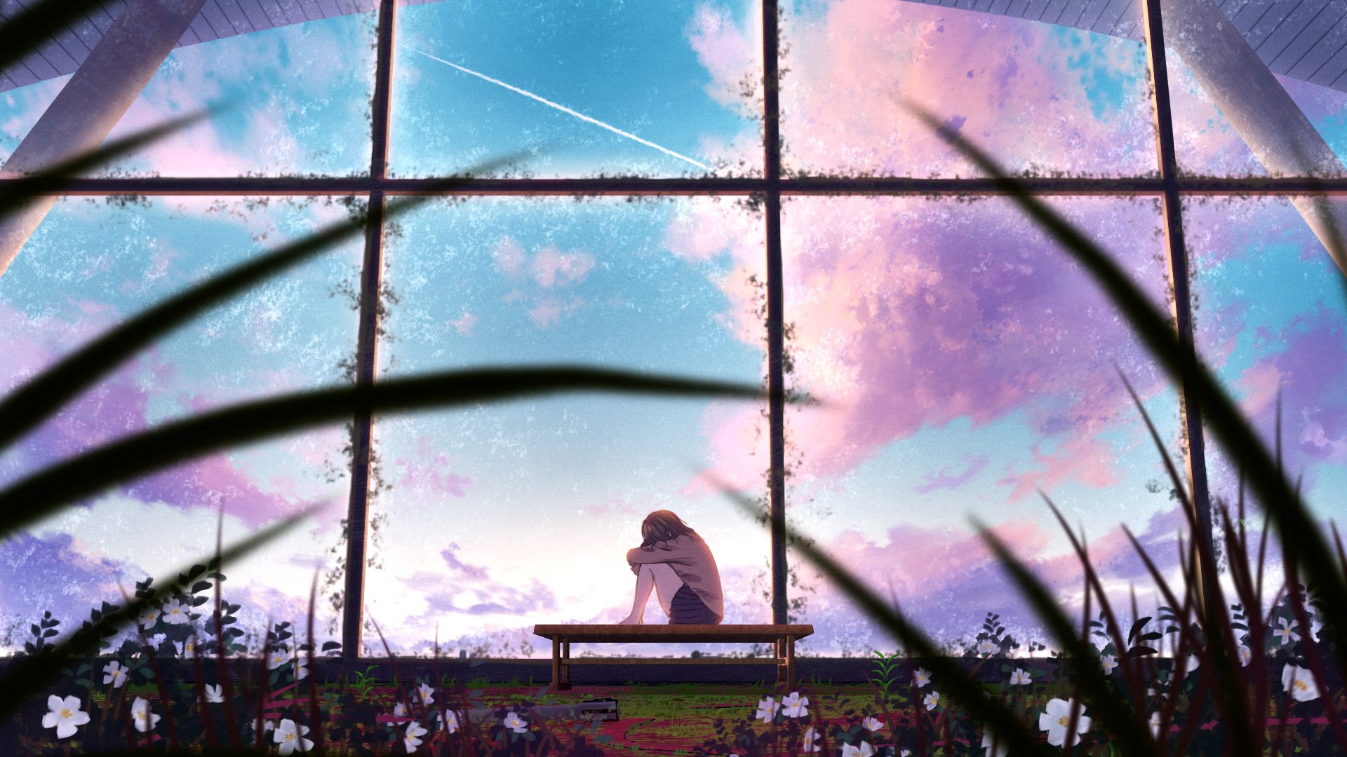 HD anime desktop wallpaper of a girl sitting on a bench amid flowers, framed by window panes with clouds and a blue sky in the background.