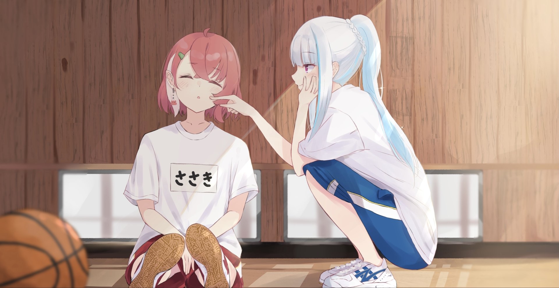 Nijisanji 2K Quad HD PC desktop wallpaper and background featuring Virtual YouTubers Sasaki Saku and Lize Helesta: white‑blue Lize playfully pokes pink‑haired Sasaki’s cheek in a warm wooden room.