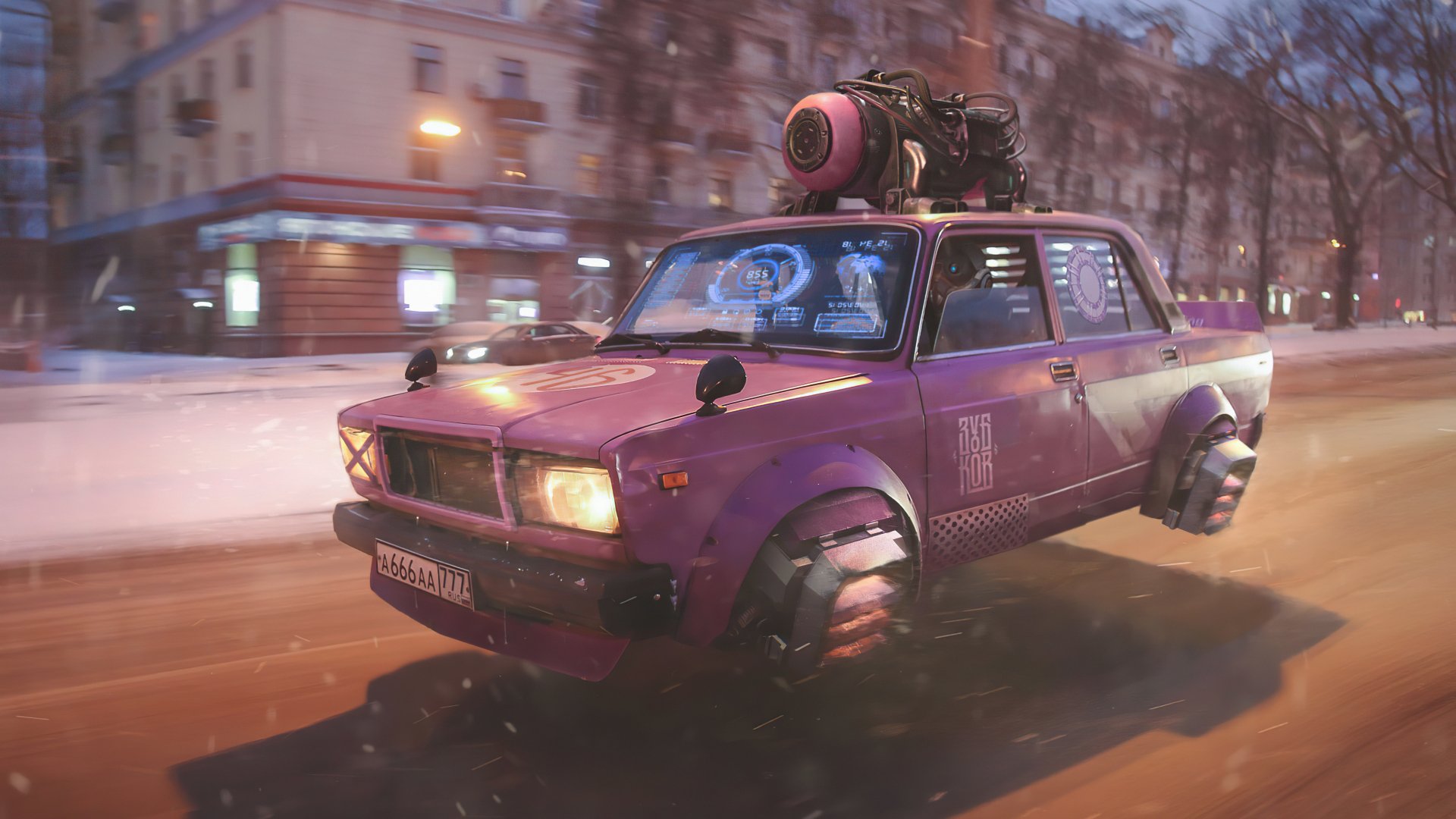 Cyberpunk sci-fi futuristic vehicle: purple retro car with hover-style wheel thrusters and rooftop engine racing through neon city streets - 8K Ultra HD PC desktop wallpaper/background.