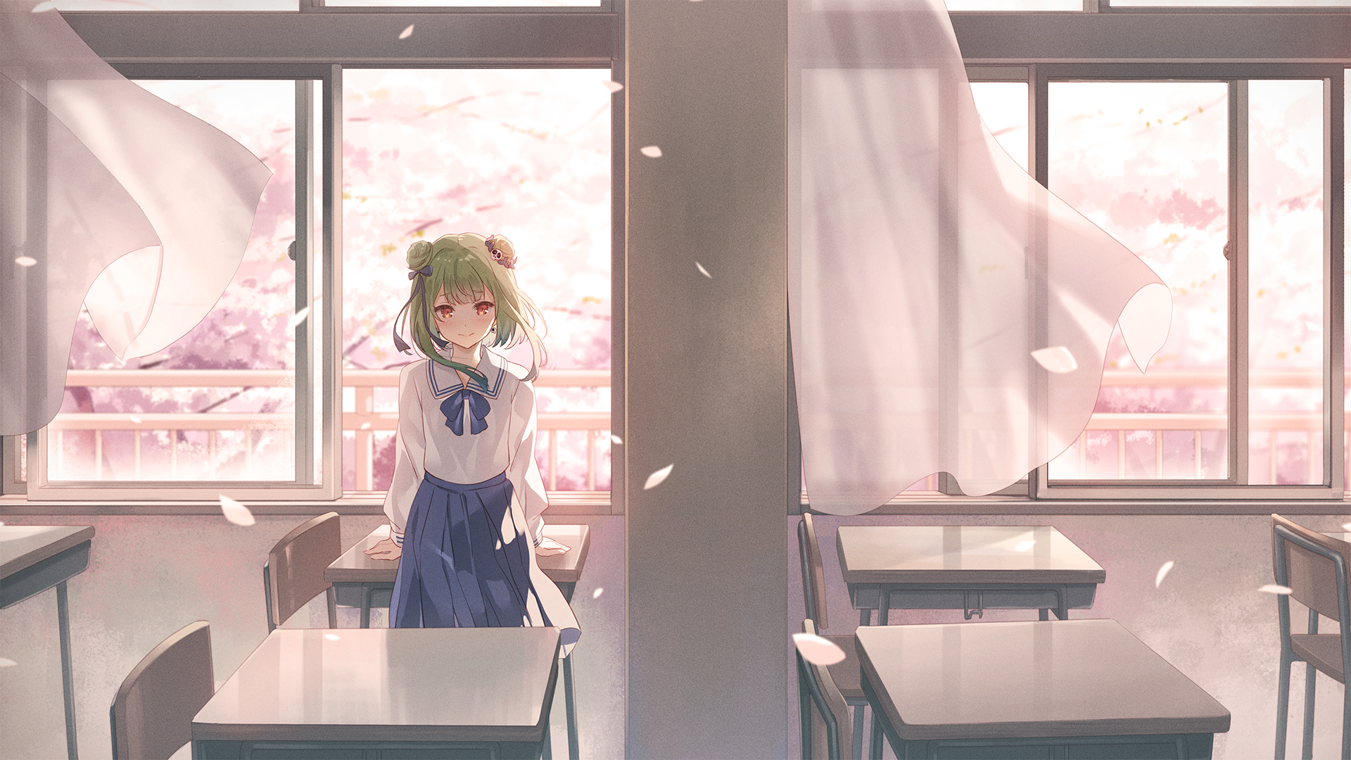 HD anime desktop wallpaper featuring Uruha Rushia from Hololive standing in a classroom with pink cherry blossoms visible through the windows.