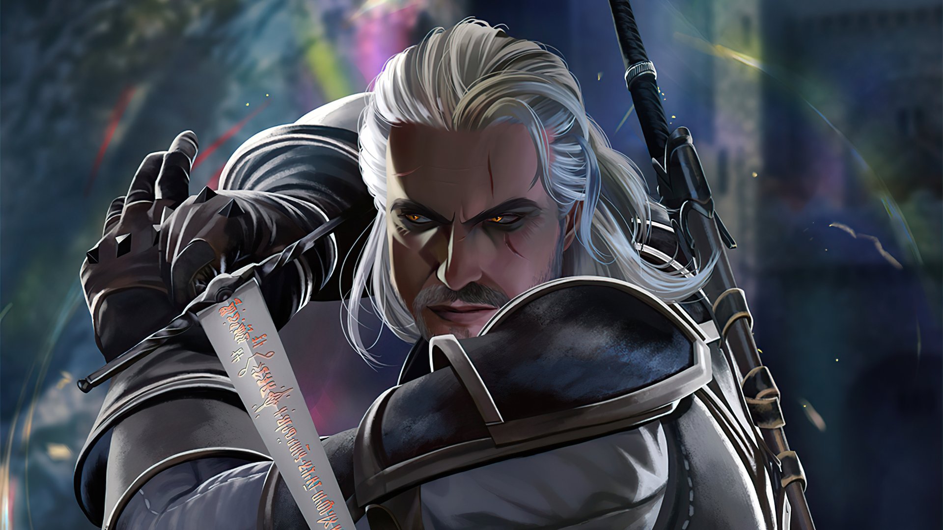 Geralt of Rivia from The Witcher 3: Wild Hunt is depicted in a detailed 4K Ultra HD video game wallpaper with intense expression and swords ready for battle.