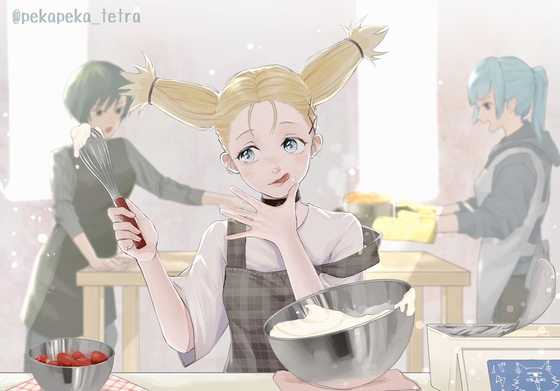Anime-style HD desktop wallpaper featuring Mai Zenin with blonde pigtails cooking, flanked by Kasumi Miwa and Momo Nishimiya with blue hair and blue eyes from Jujutsu Kaisen.