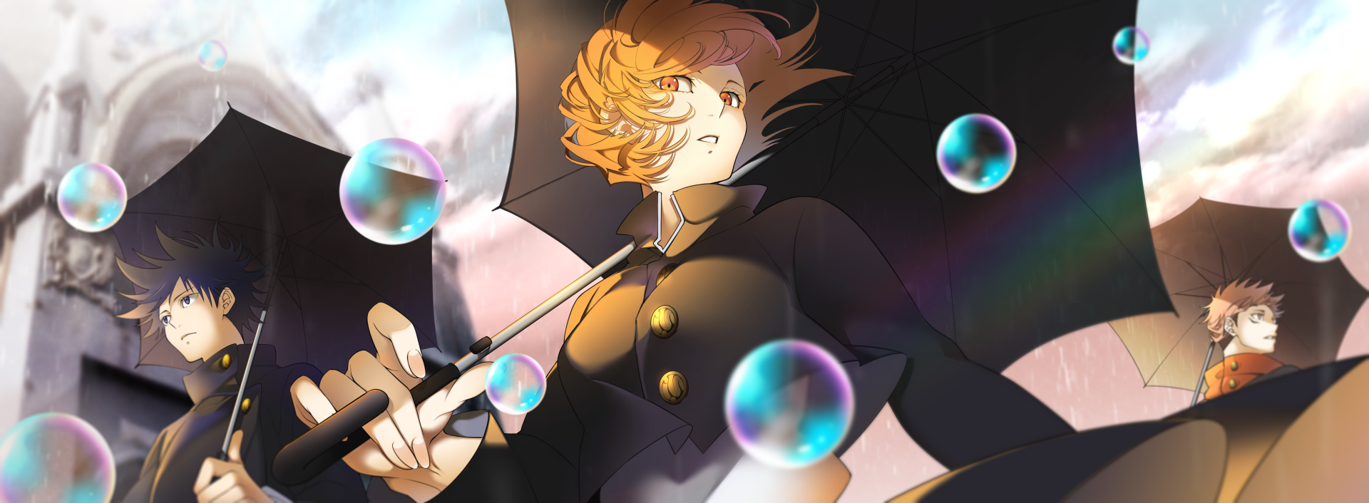 A dynamic Jujutsu Kaisen wallpaper featuring Megumi Fushiguro, Yuji Itadori, and Nobara Kugisaki in school uniforms, with bubbles and an umbrella, captured in vibrant colors.