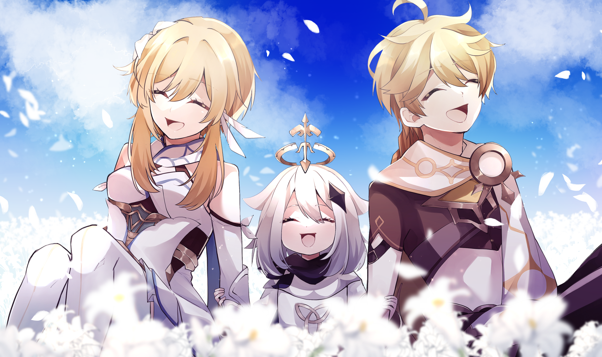 HD PC desktop wallpaper featuring Lumine, Paimon, and Aether from the video game Genshin Impact against a bright blue sky with white flowers.