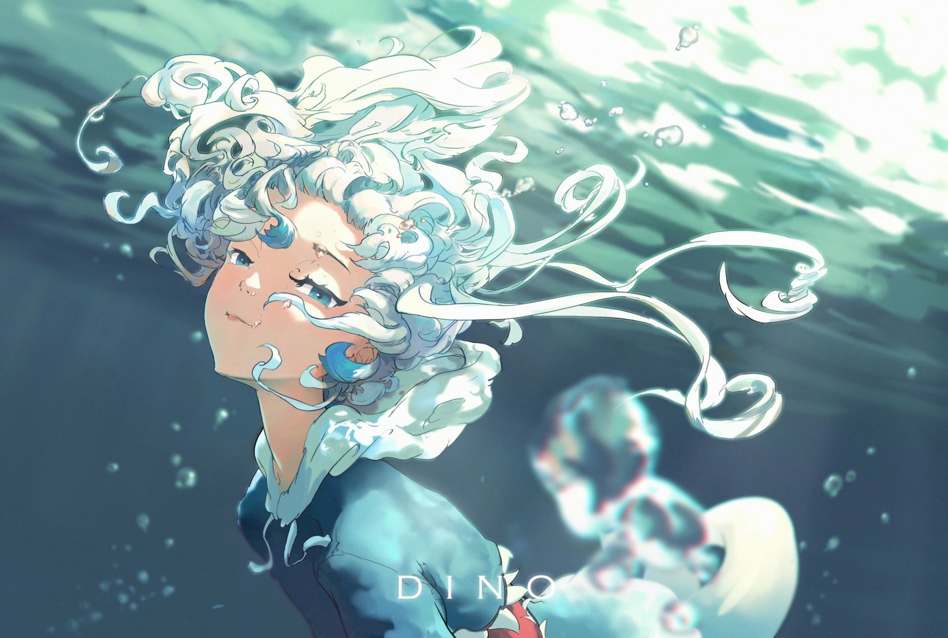 HD anime-style desktop wallpaper featuring Virtual YouTuber Gawr Gura submerged underwater with flowing white hair and a serene expression.