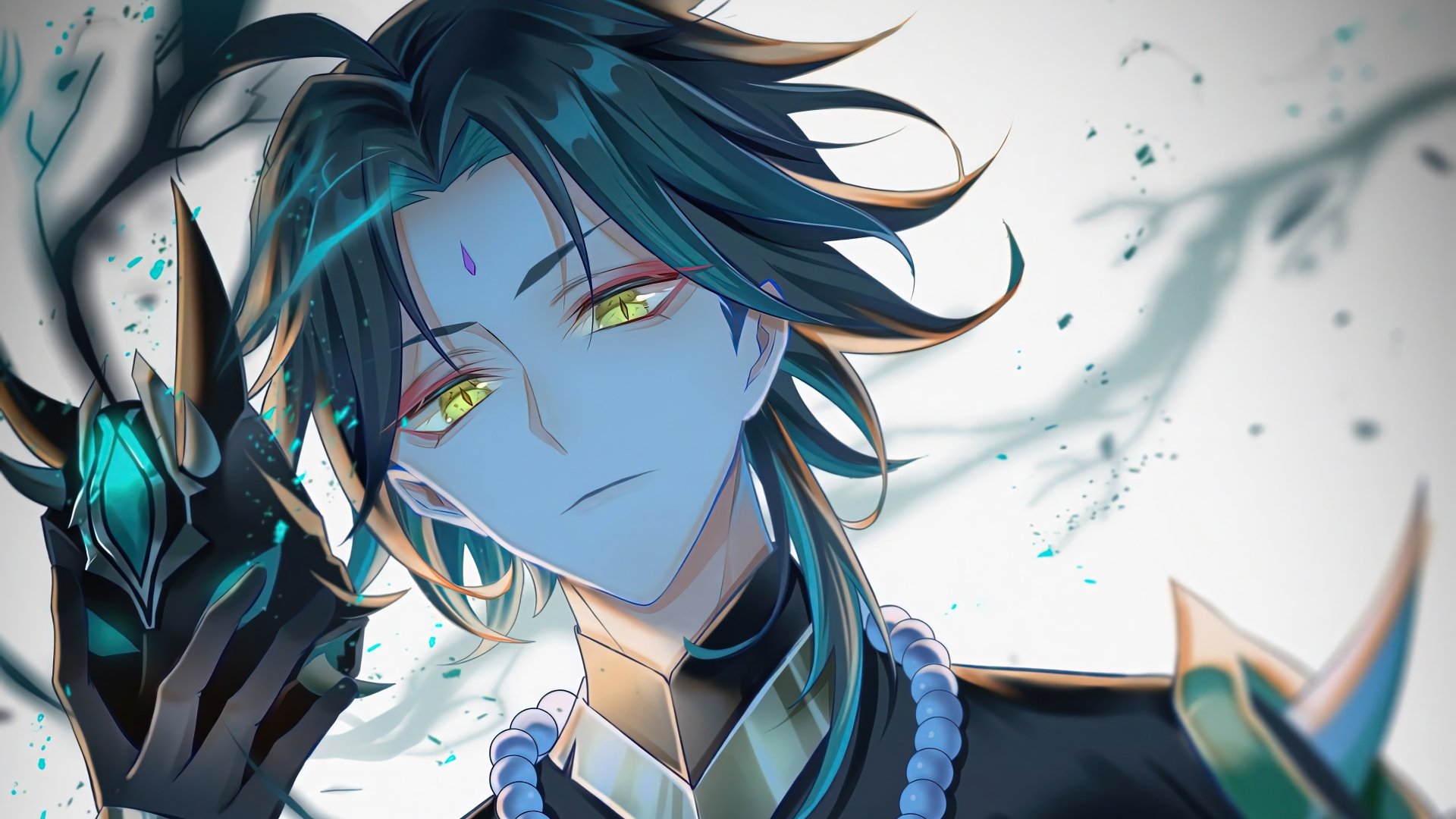 Xiao from Genshin Impact gazes intently, featuring vibrant yellow eyes and stylish hair. This striking 4K Ultra HD wallpaper adds a captivating touch to any desktop background.