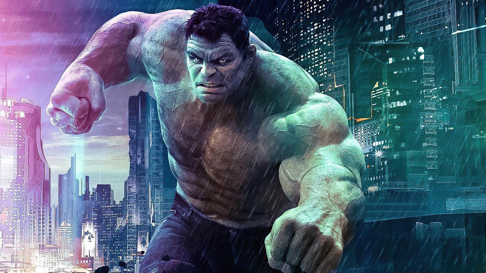 4K Ultra HD PC desktop wallpaper featuring the Hulk in an intense pose, set against a futuristic cityscape inspired by the Avengers movie.