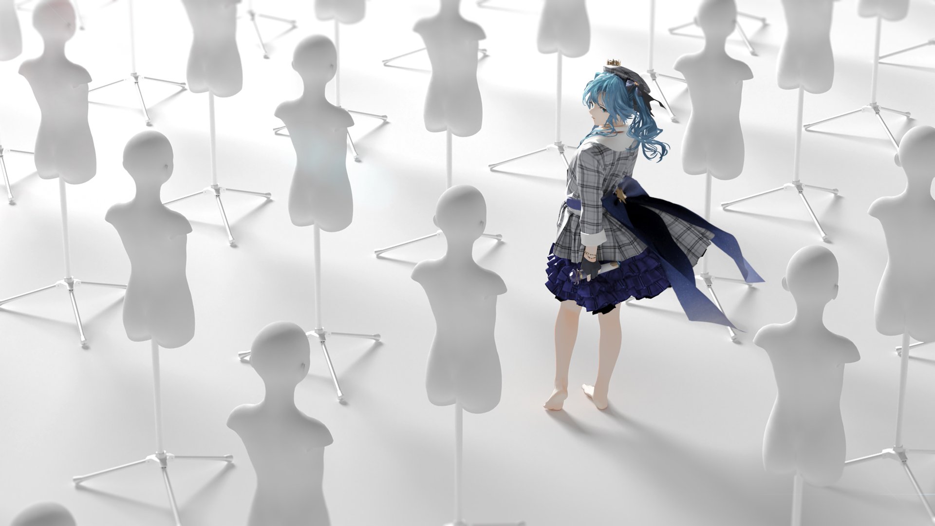 HD PC desktop wallpaper featuring Hoshimachi Suisei from hololive as an anime-style virtual YouTuber standing among translucent mannequins.
