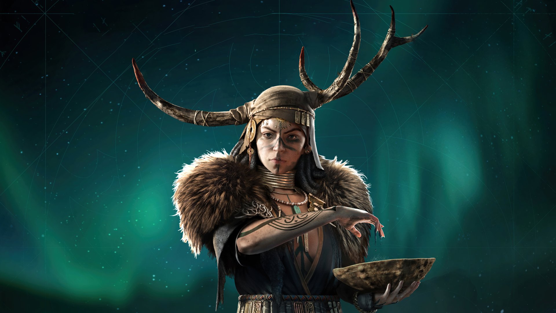8K Ultra HD Assassin's Creed Valhalla wallpaper featuring a female Viking warrior with antlered headdress and fur cloak, set against a dark, atmospheric background.