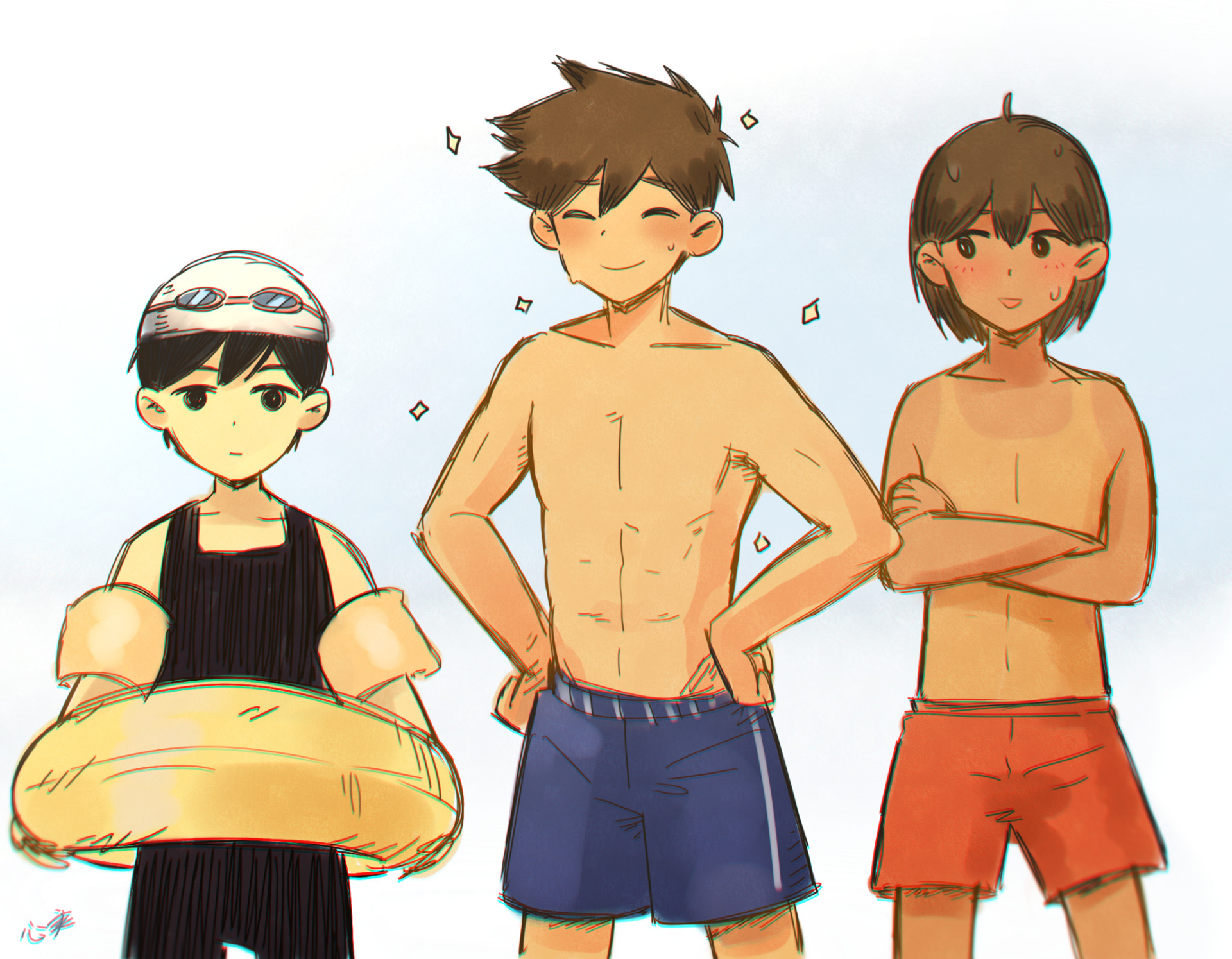 Download Brown Hair Black Hair Shorts Goggles Kel (Omori) Hero (Omori) Sunny (Omori) OMORI Video Game HD Wallpaper by hamuko-san