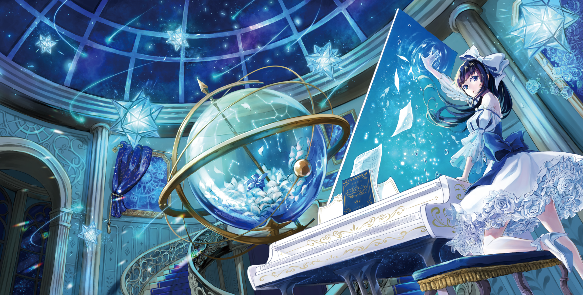 Anime girl with black hair playing a white piano surrounded by celestial decor in a vibrant, detailed HD PC desktop wallpaper background.