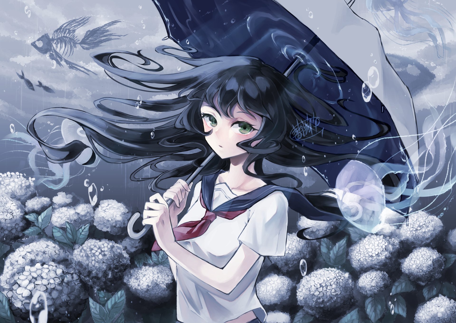 Download Umbrella Uniform Anime Girl Anime Girl HD Wallpaper by 薔薇缶