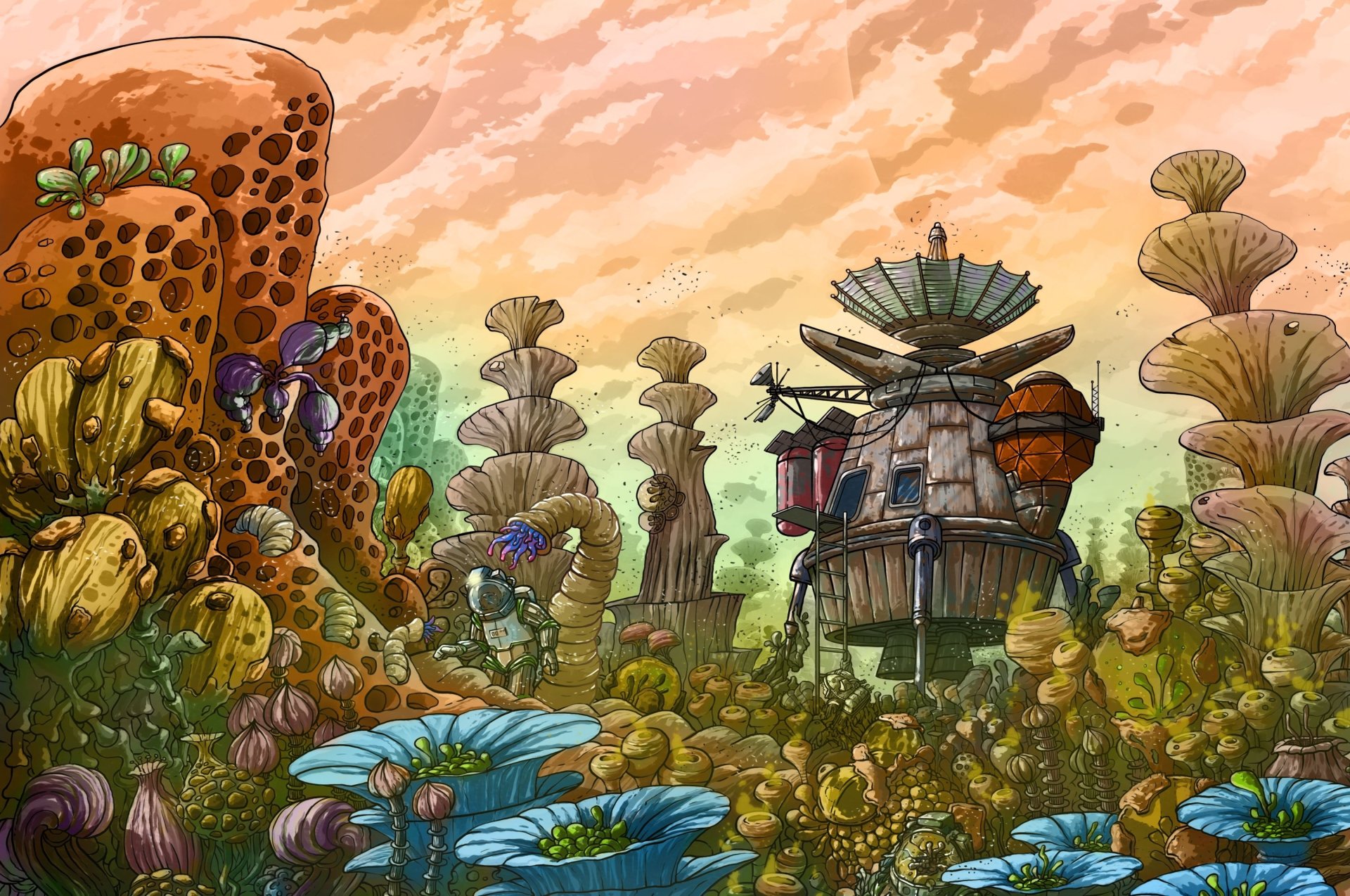 2K Quad HD PC desktop wallpaper: Sci‑Fi exploration scene with a small spaceship outpost amid towering alien flora and fungi beneath a warm, pastel sky.