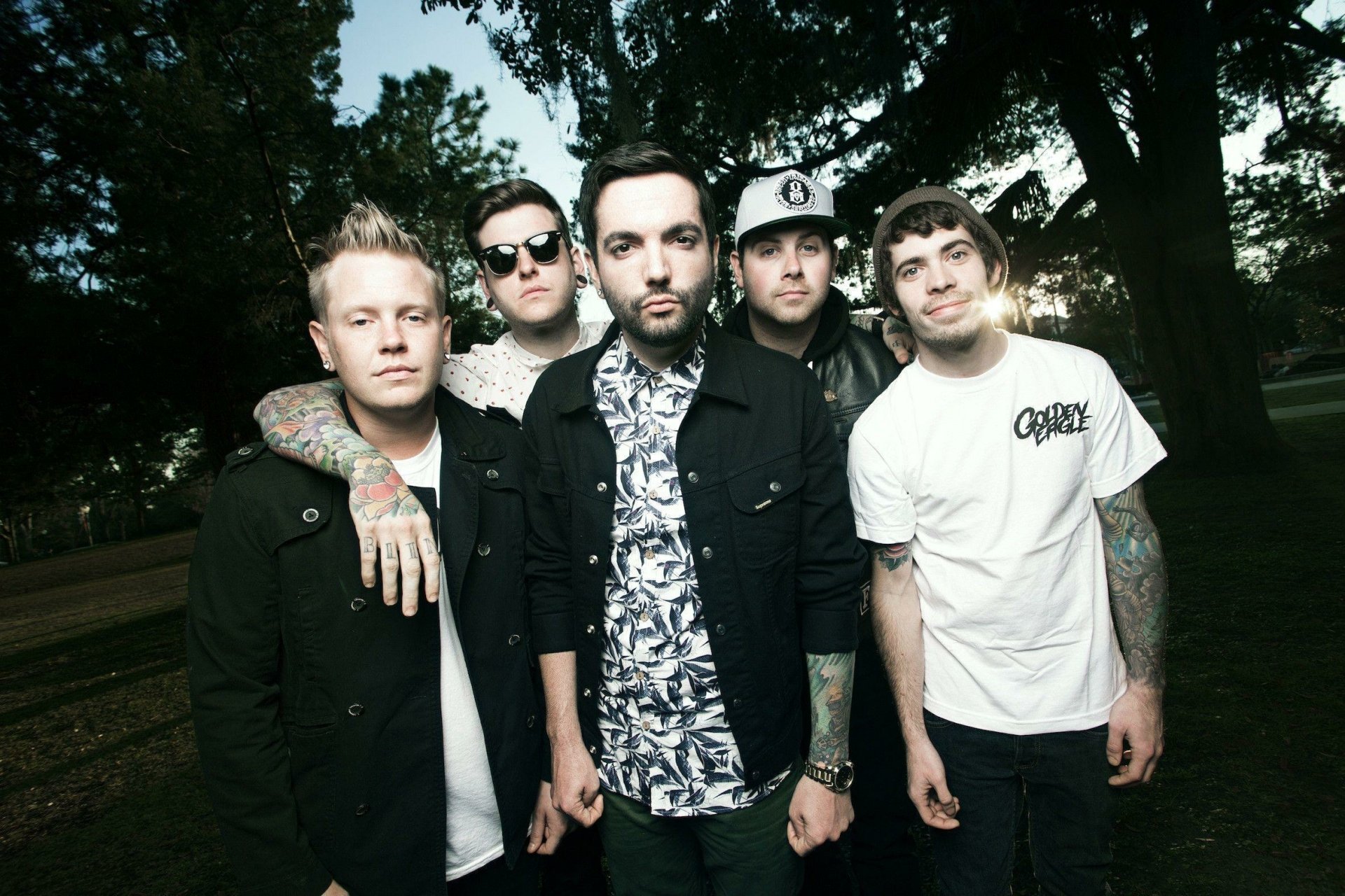 HD desktop wallpaper featuring the band A Day To Remember standing outdoors.