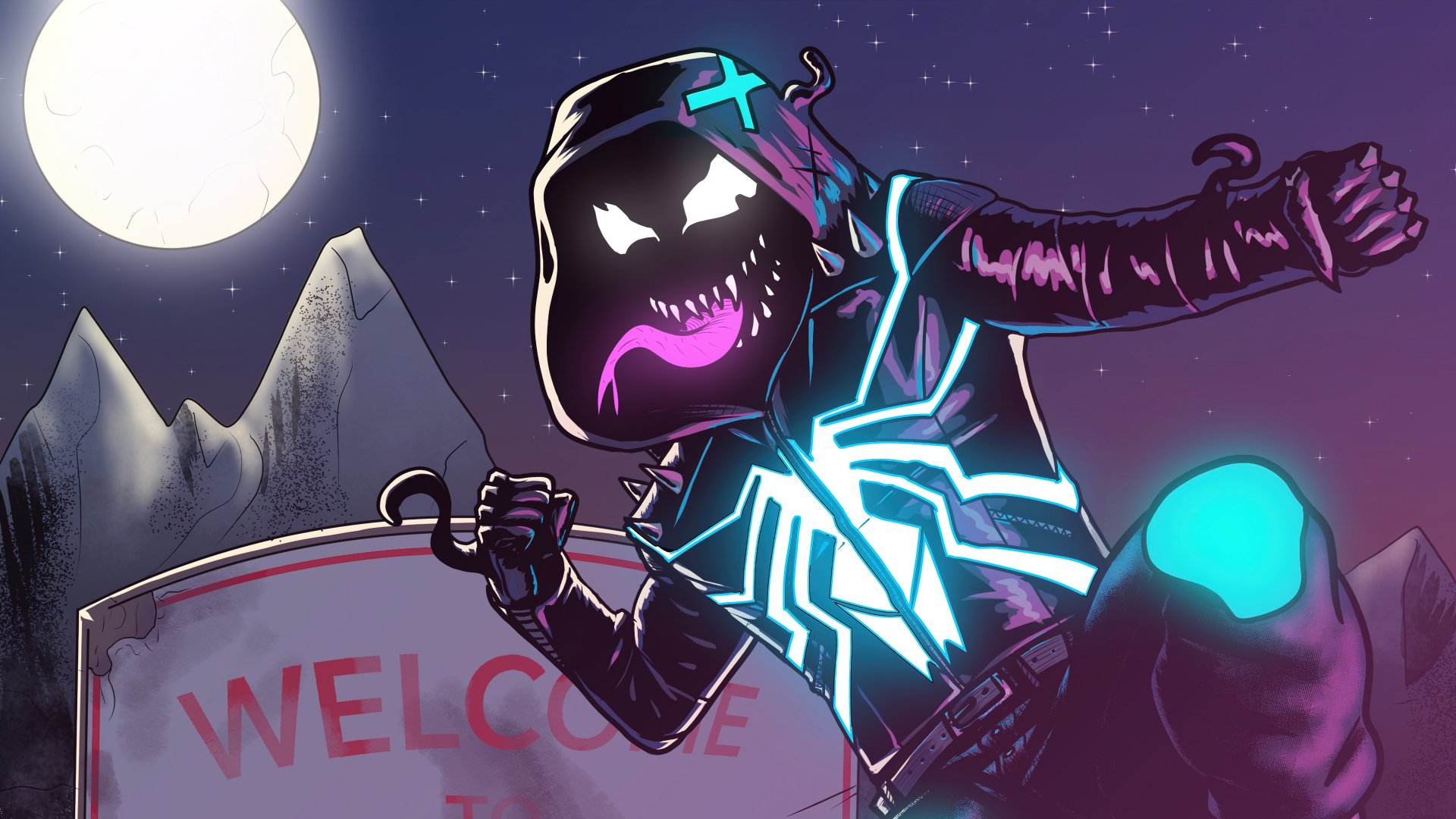 Comic-style Venom character with glowing blue spider emblem and hood, set against a moonlit mountainous background in 8K Ultra HD PC desktop wallpaper quality.
