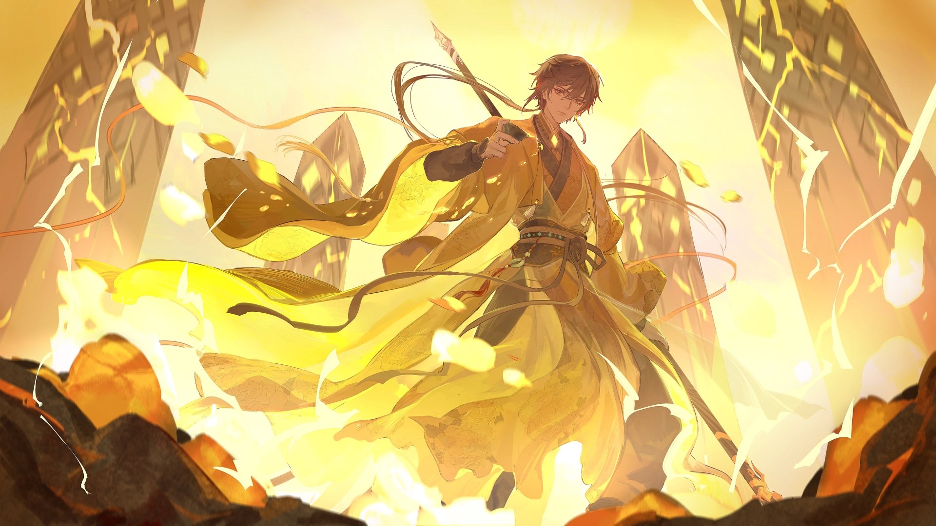 Zhongli from Genshin Impact stands amidst golden flames and floating rocks in a dynamic 4K Ultra HD video game desktop wallpaper.