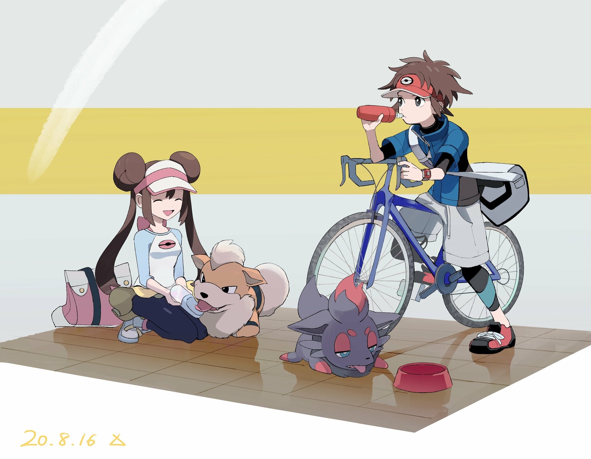 Download Drinking Brown Hair Rosa (Pokemon) Bike Zorua (Pokémon) Nate (Pokémon) Growlithe (Pokémon) Video Game Pokemon: Black And White 2 HD Wallpaper by Three_Guo