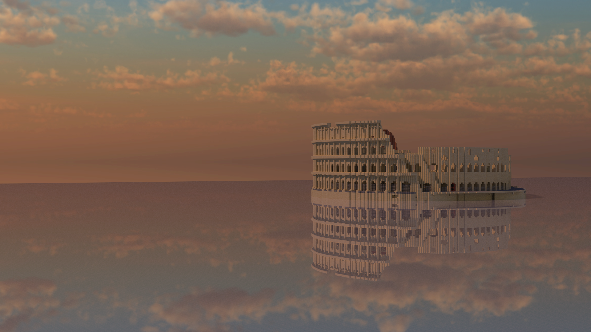 HD PC wallpaper: Minecraft-style Colosseum ruin in Rome, Italy, mirrored on calm, glassy water under a pastel sky