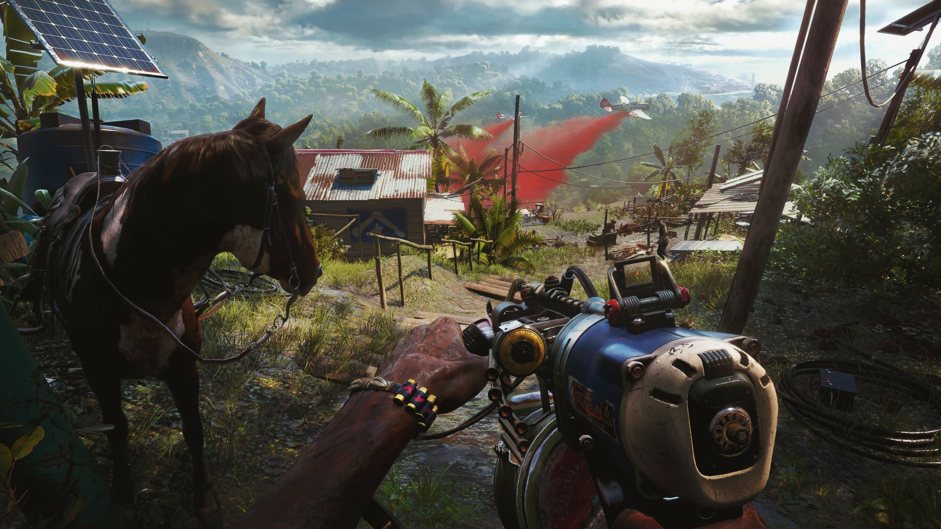 4K Ultra HD PC desktop wallpaper from the video game Far Cry 6, showcasing a detailed first-person view with a weapon, a horse, and a vibrant tropical village landscape.