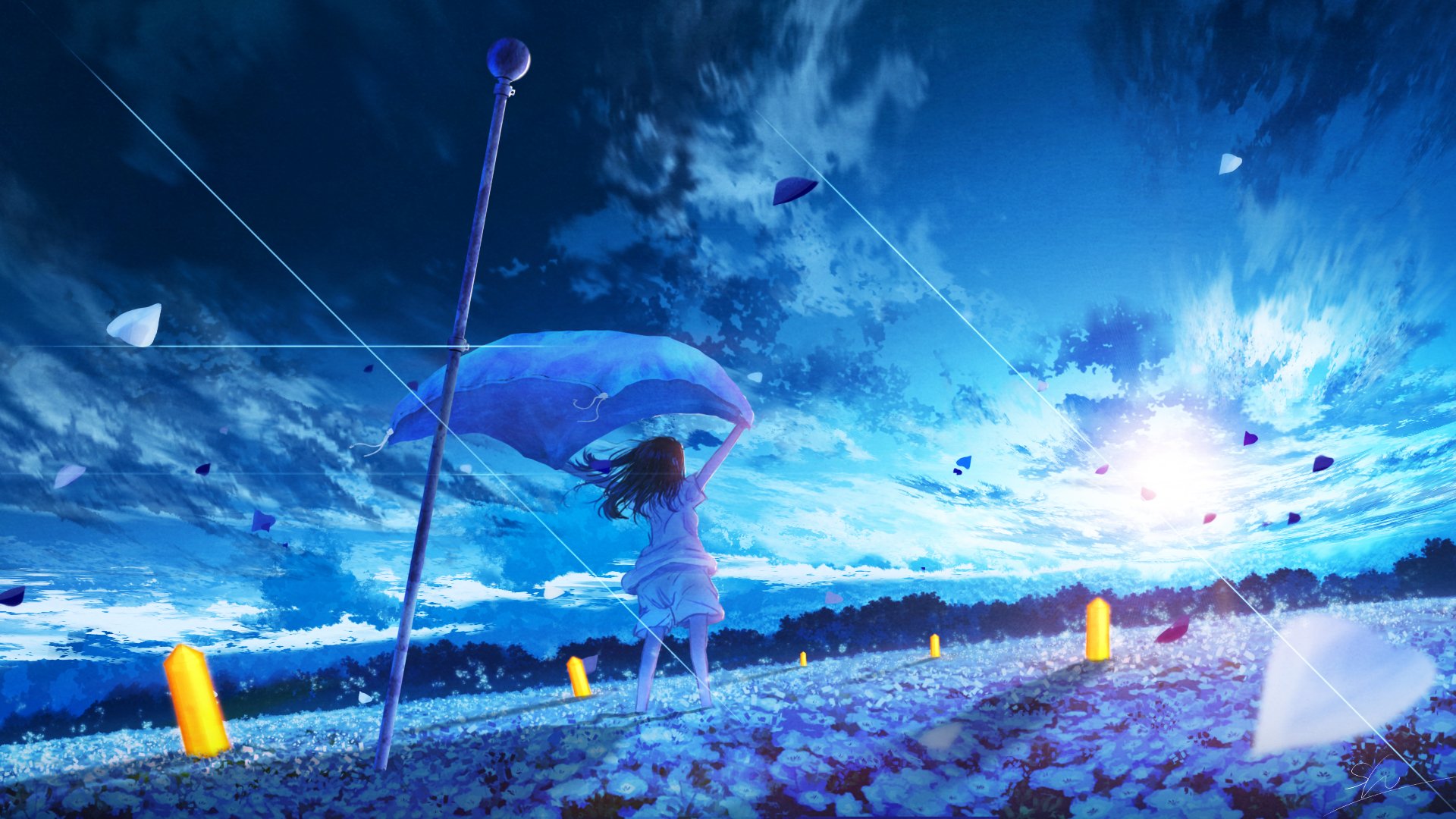 Anime girl standing in a field under a vibrant blue sky with flowing fabrics and glowing lanterns, captured in an HD PC desktop wallpaper style.