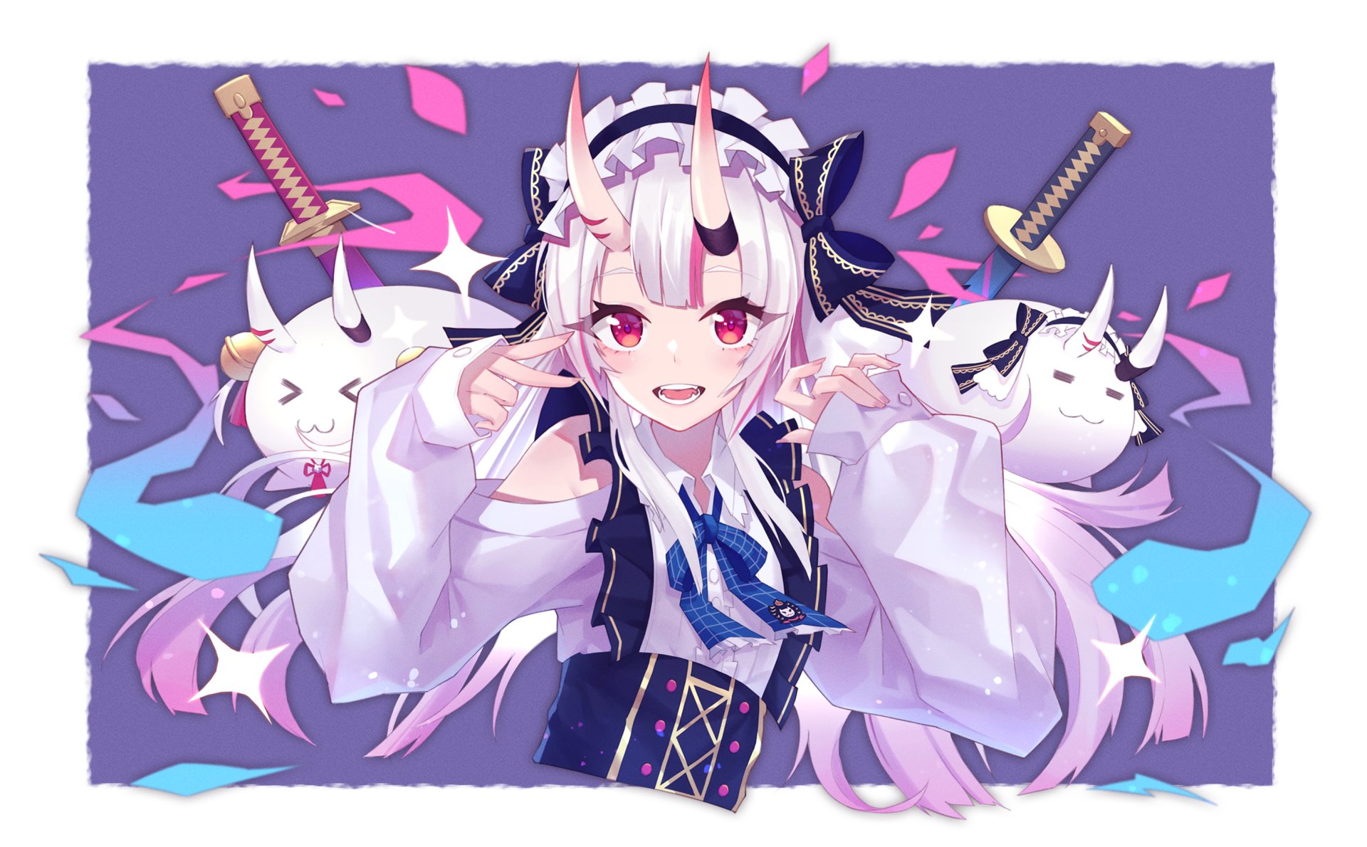 HD anime desktop wallpaper featuring Nakiri Ayame from Hololive with white hair, red eyes, horns, and floating swords against a purple background with pink petals.