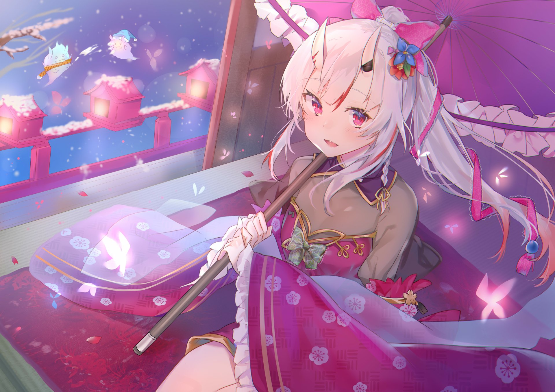 Nakiri Ayame from Hololive, an anime-style Virtual YouTuber with white hair, pink eyes, and horns, holding a purple umbrella in a vibrant 4K Ultra HD desktop wallpaper.