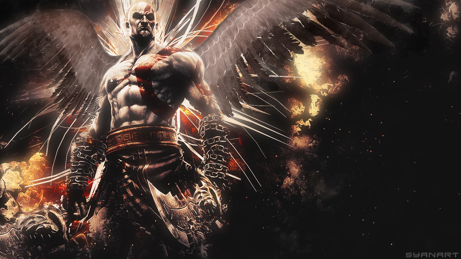 HD wallpaper featuring Kratos from God of War III, depicted in a dynamic battle pose with explosive background details.