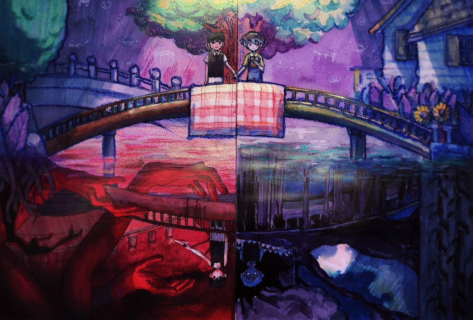 HD PC desktop wallpaper featuring Omori characters Sunny and Basil standing on a bridge over a reflective river, showcasing vibrant colors from the video game OMORI.