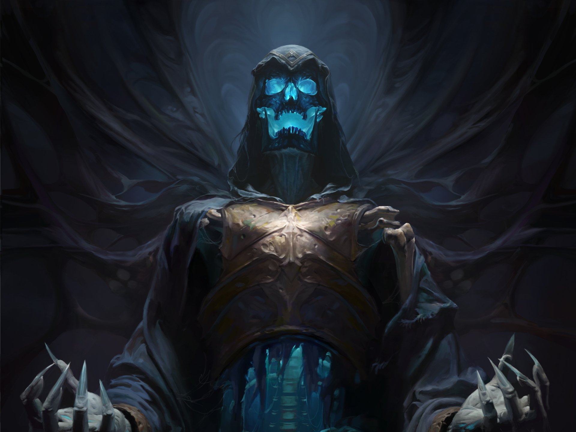HD desktop wallpaper from Diablo Immortal featuring a sinister undead figure with a glowing blue skull in dark, ominous surroundings.