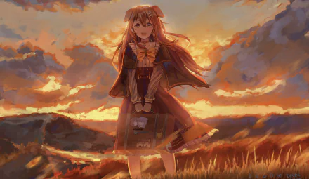 8K Ultra HD anime desktop wallpaper of hololive Virtual YouTuber Inugami Korone standing in a windswept grassy field at sunset, bathed in warm golden light and dramatic clouds.