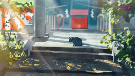 A black anime-style cat sits calmly on stone steps surrounded by morning light and greenery in a serene 4K Ultra HD PC desktop wallpaper scene.