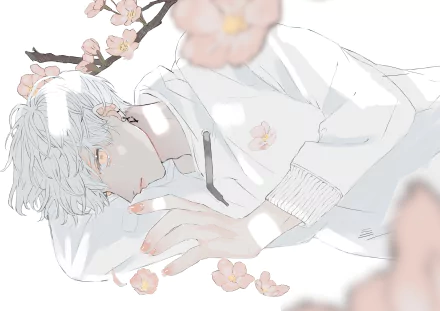 Anime boy with white hair reclining among pale cherry blossoms, soft pastel 4K Ultra HD PC desktop wallpaper and background.