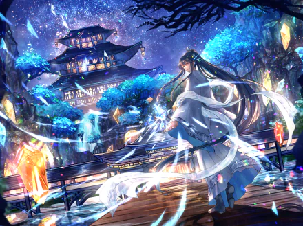 4K Ultra HD anime wallpaper featuring a long-haired anime boy in flowing robes standing near a glowing, mystical temple surrounded by vibrant blue trees under a starry sky.