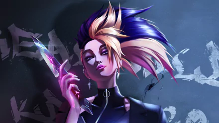 K/DA Akali (League of Legends video game) 5K Ultra HD PC desktop wallpaper: neon-lit portrait with purple-and-blond hair, choker, and a glowing blade.