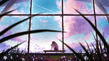HD anime desktop wallpaper of a girl sitting on a bench amid flowers, framed by window panes with clouds and a blue sky in the background.