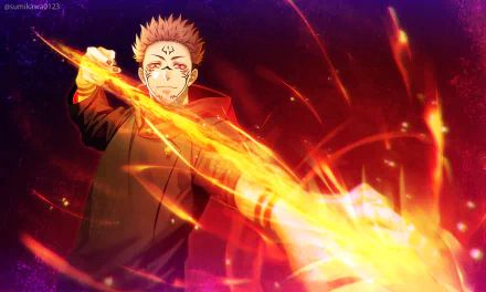 Sukuna from Jujutsu Kaisen unleashes a fiery attack, vivid in this 4K Ultra HD anime wallpaper showcasing dynamic energy and intense action.