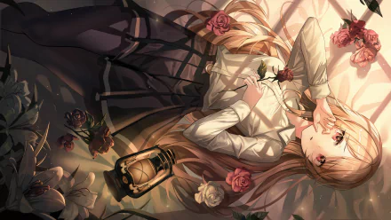 A 4K Ultra HD anime girl lies among roses and a lantern, showcasing detailed shading and warm tones in this vibrant PC desktop wallpaper.