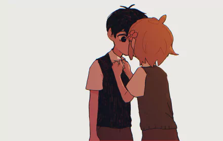 HD PC desktop wallpaper featuring Basil and Sunny from the video game OMORI sharing a tender kiss, with contrasting black and blonde hair.